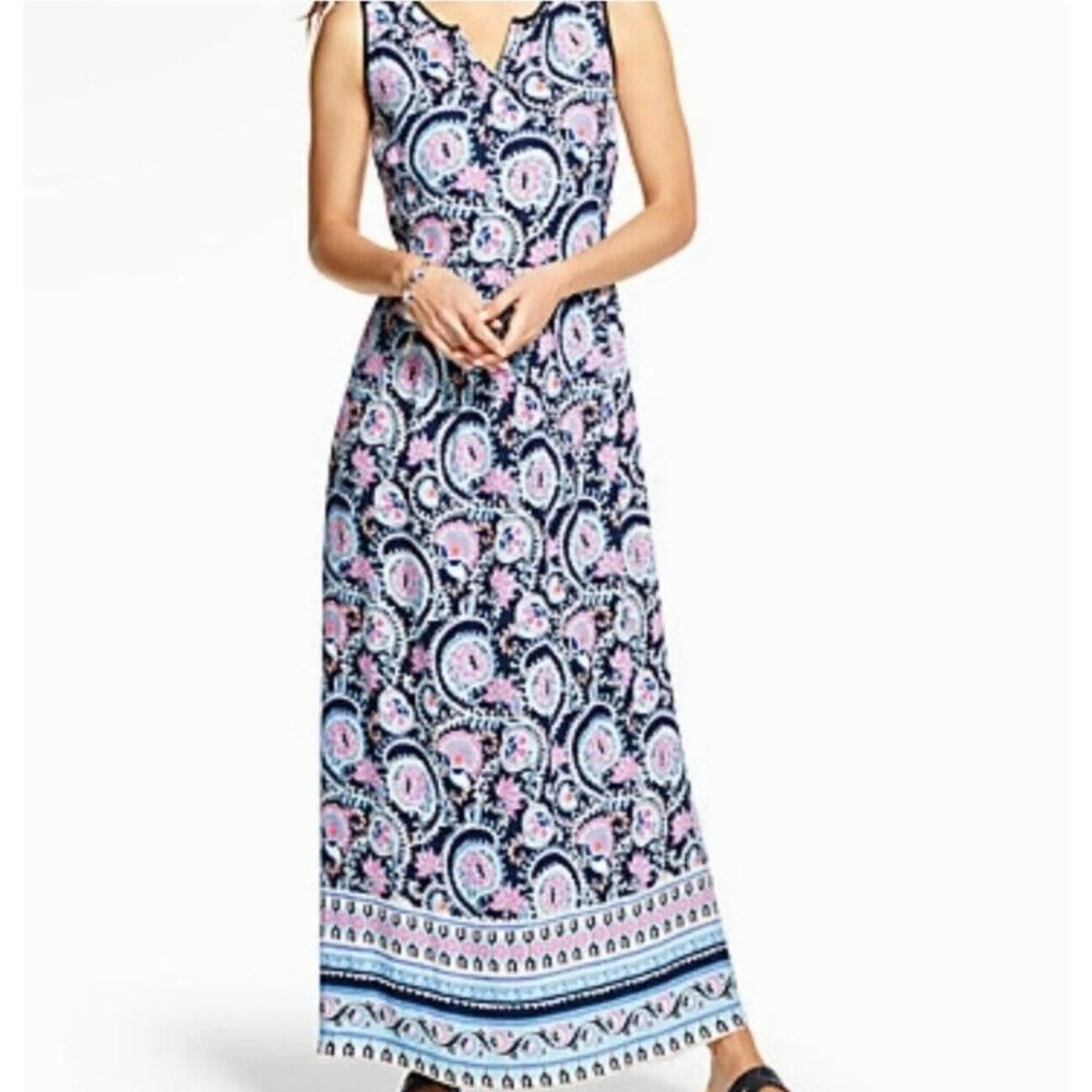Talbots Navy Paisley Maxi Dress with Pink Accents